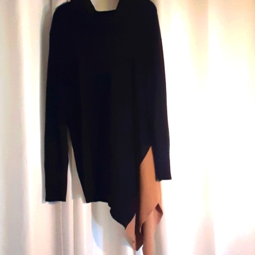 Sweater Pull over cowl neck Asymmetrical sweater, black & tan XL very warm
